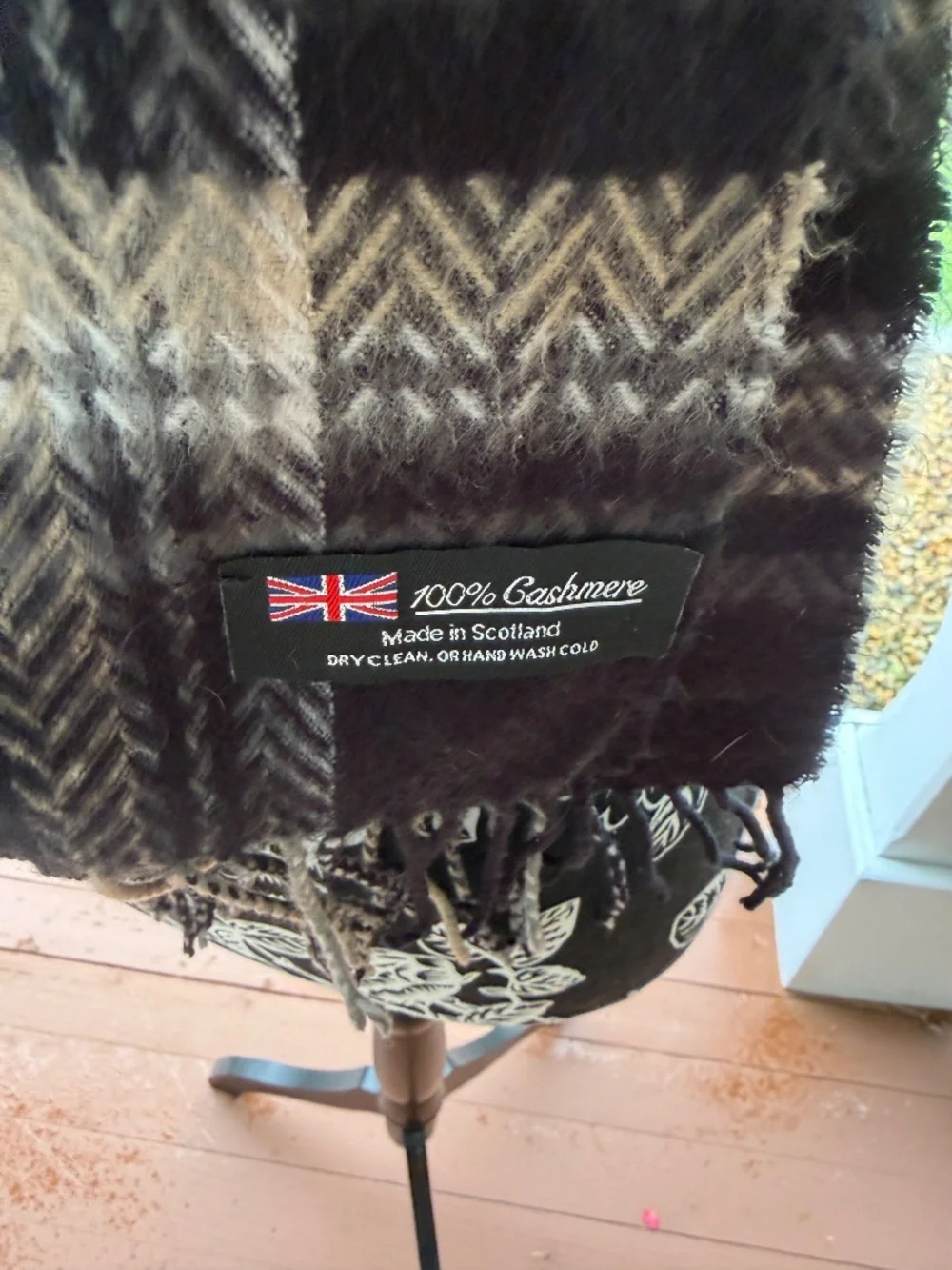 Vintage 100% Cashmere Scarf Made in Scotland Black Gray Herringbone Plaid Fringe